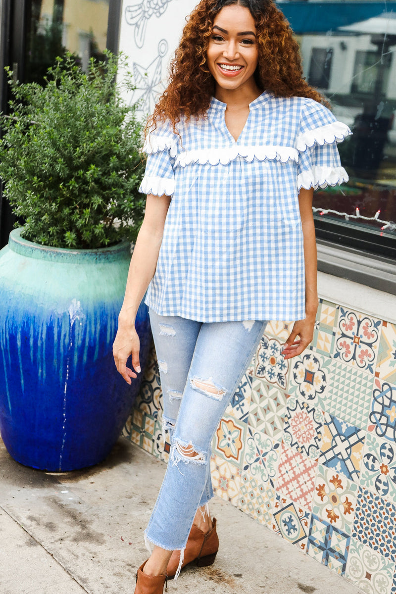 Lost In Love Cotton Blue Gingham Shirred Mock Neck Top