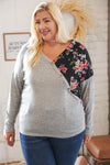 Grey & Black Floral Surplice Button Knit Top