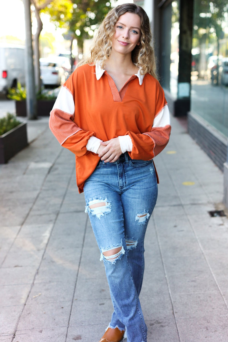 Falling For You Rust Color Block Collared French Terry Top