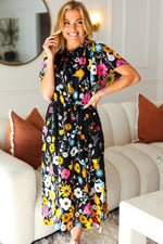 Beautifully You Black Floral Frill Mock Neck Flutter Sleeve Midi Dress