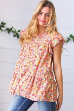 Sunset Floral Print Ruffle Tiered Keyhole Top