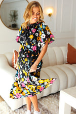 Beautifully You Black Floral Frill Mock Neck Flutter Sleeve Midi Dress