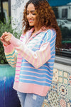 Perfectly Poised Blush & Blue Stripe Half Zip Up Oversized Sweater