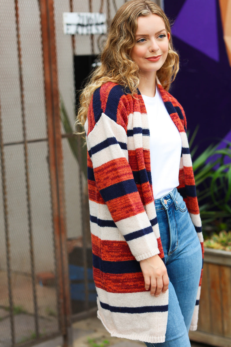 Put Together Rust & Navy Striped Pocketed Cardigan