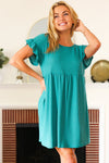 Summer Days Teal Waffle Knit Ruffle Sleeve Babydoll Dress