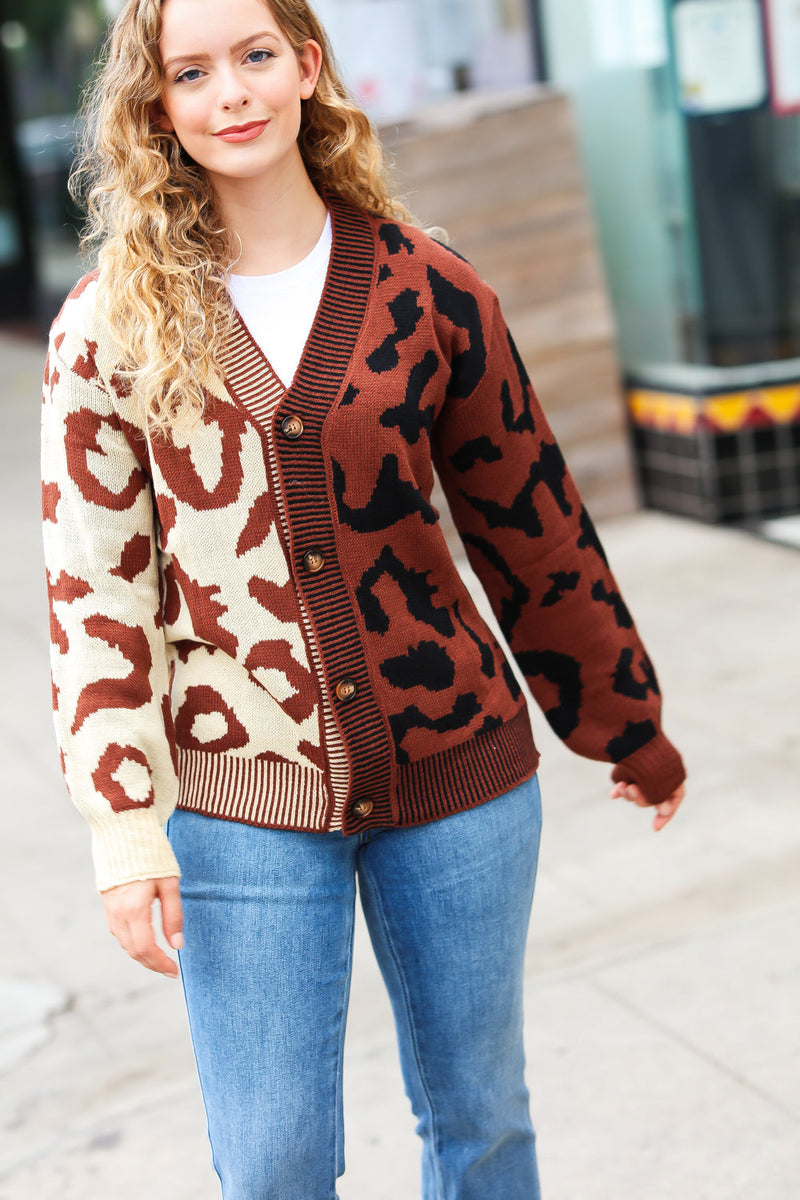 Taupe & Sepia Leopard Print Color Block Cardigan