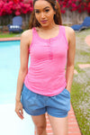 Summer Days Fuchsia Melange Ribbed Henley Button Down Tank