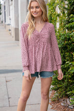 Mauve V Neck Shirred Babydoll Leopard Pint Top