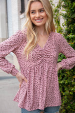 Mauve V Neck Shirred Babydoll Leopard Pint Top