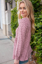 Mauve V Neck Shirred Babydoll Leopard Pint Top