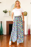 Stand Out Navy & Green Abstract Print Smocked Waist Palazzo Pants