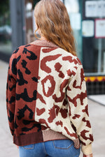 Taupe & Sepia Leopard Print Color Block Cardigan