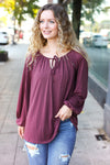 Versatile Wine Front Tie Modal Knit Peasant Top