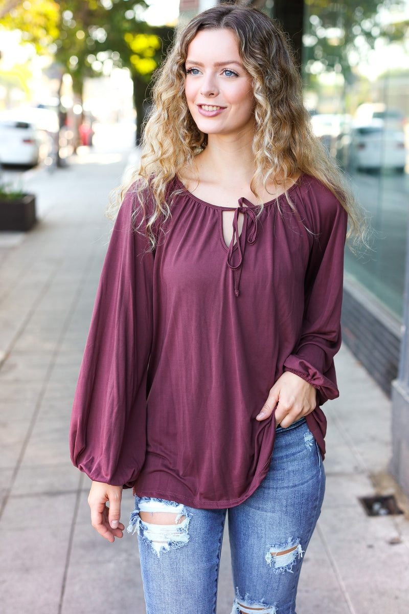 Versatile Wine Front Tie Modal Knit Peasant Top