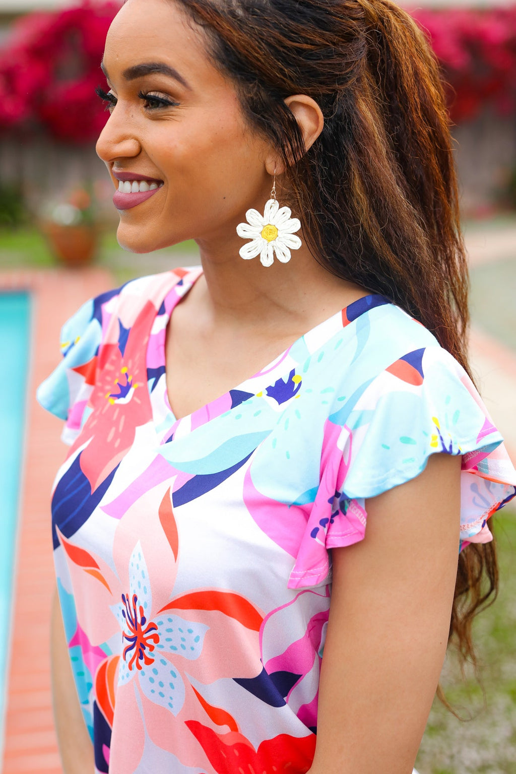 Ivory Daisy Flower Straw  Dangle Earrings