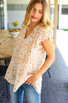 True Beauty Peach Floral Lattice Trim V Neck Ruffle Sleeve Top