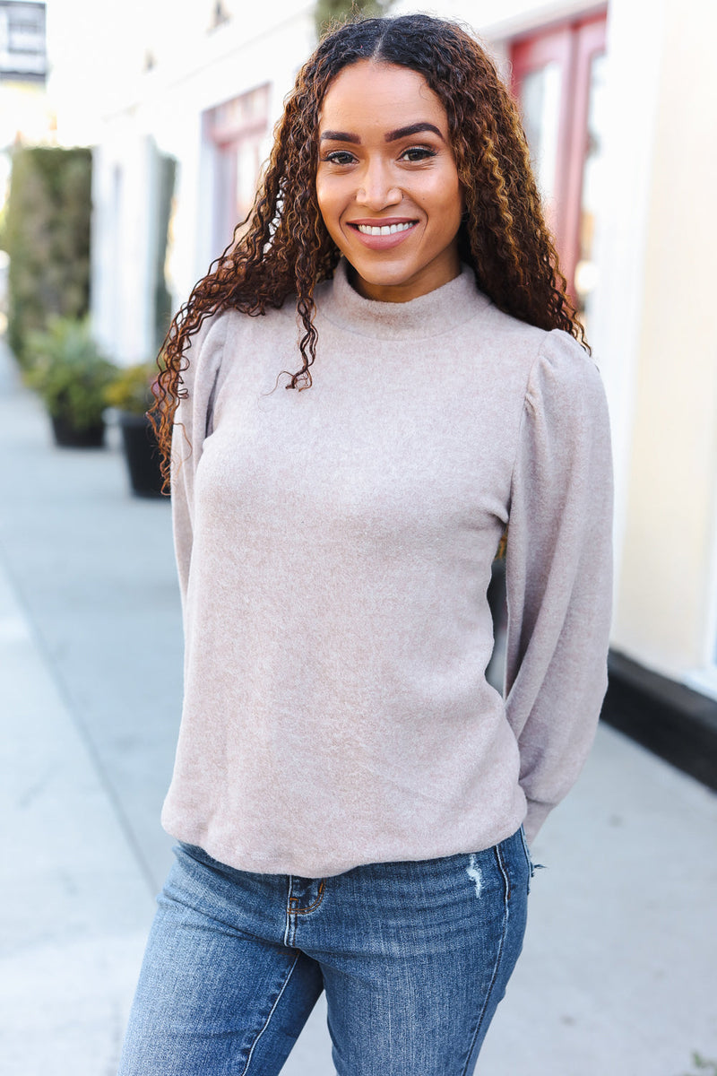 Stay Awhile Taupe Brushed Melange Puff Short Sleeve Sweater