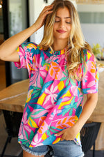 Vacay Ready Fuchsia Tropical Print Frill Mock Neck Top