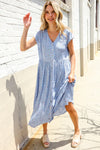 Boho Vibes Blue Ditzy Floral Button-Down Short Sleeve Dress