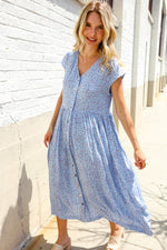 Boho Vibes Blue Ditzy Floral Button-Down Short Sleeve Dress