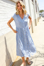 Boho Vibes Blue Ditzy Floral Button-Down Short Sleeve Dress