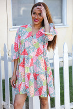 Look Of Love Lime & Coral Patchwork Print V Neck Dress