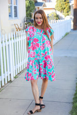 Diva Dreaming Aqua Floral Print Tiered Ruffle Sleeve Dress