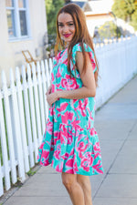 Diva Dreaming Aqua Floral Print Tiered Ruffle Sleeve Dress