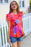 Look of Love Red & Fuchsia Floral Smocked Ruffle Frill Sleeve Top