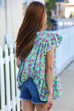 All For You Mint Floral Yoke Flutter Sleeve Keyhole Back Top