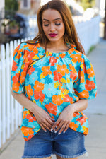 Vacay Ready Blue & Orange Floral Frill Mock Neck Top