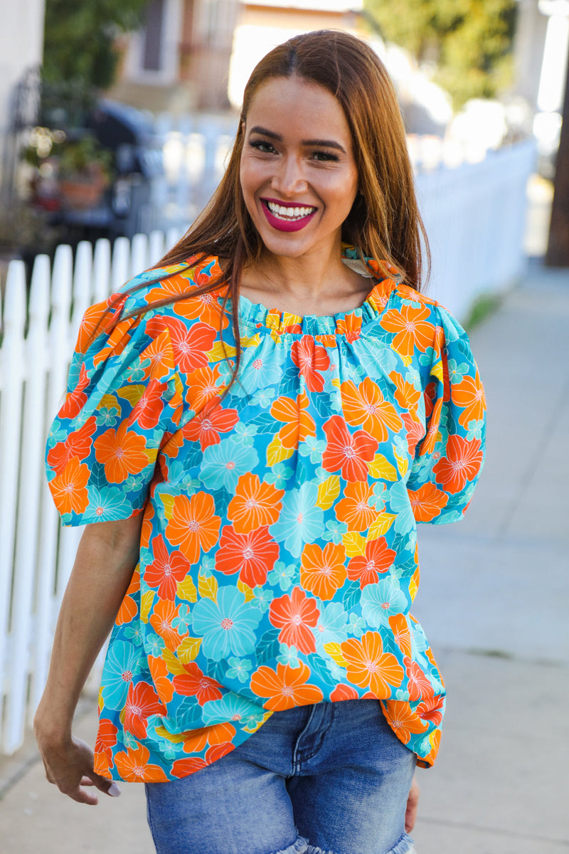 Vacay Ready Blue & Orange Floral Frill Mock Neck Top