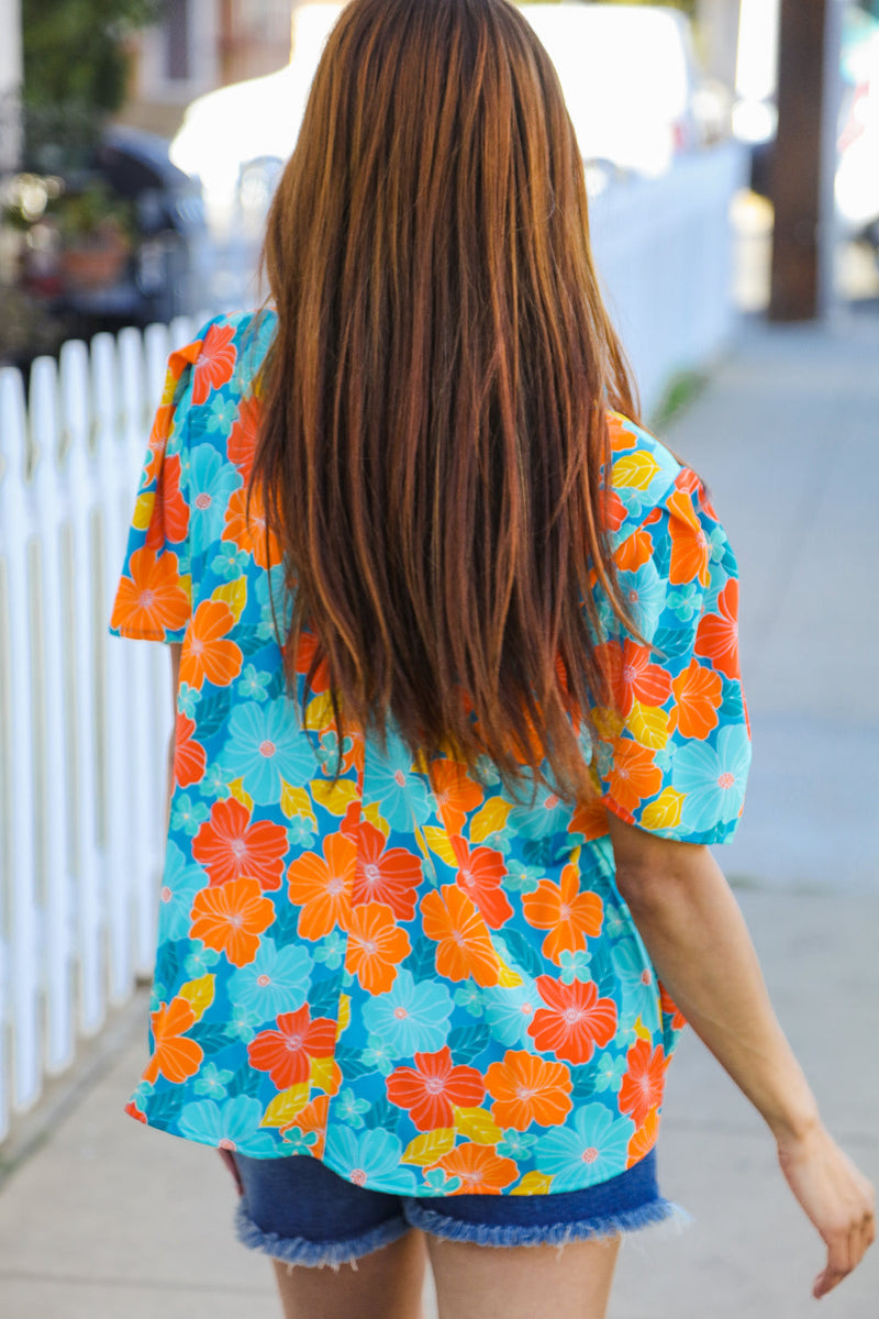 Vacay Ready Blue & Orange Floral Frill Mock Neck Top