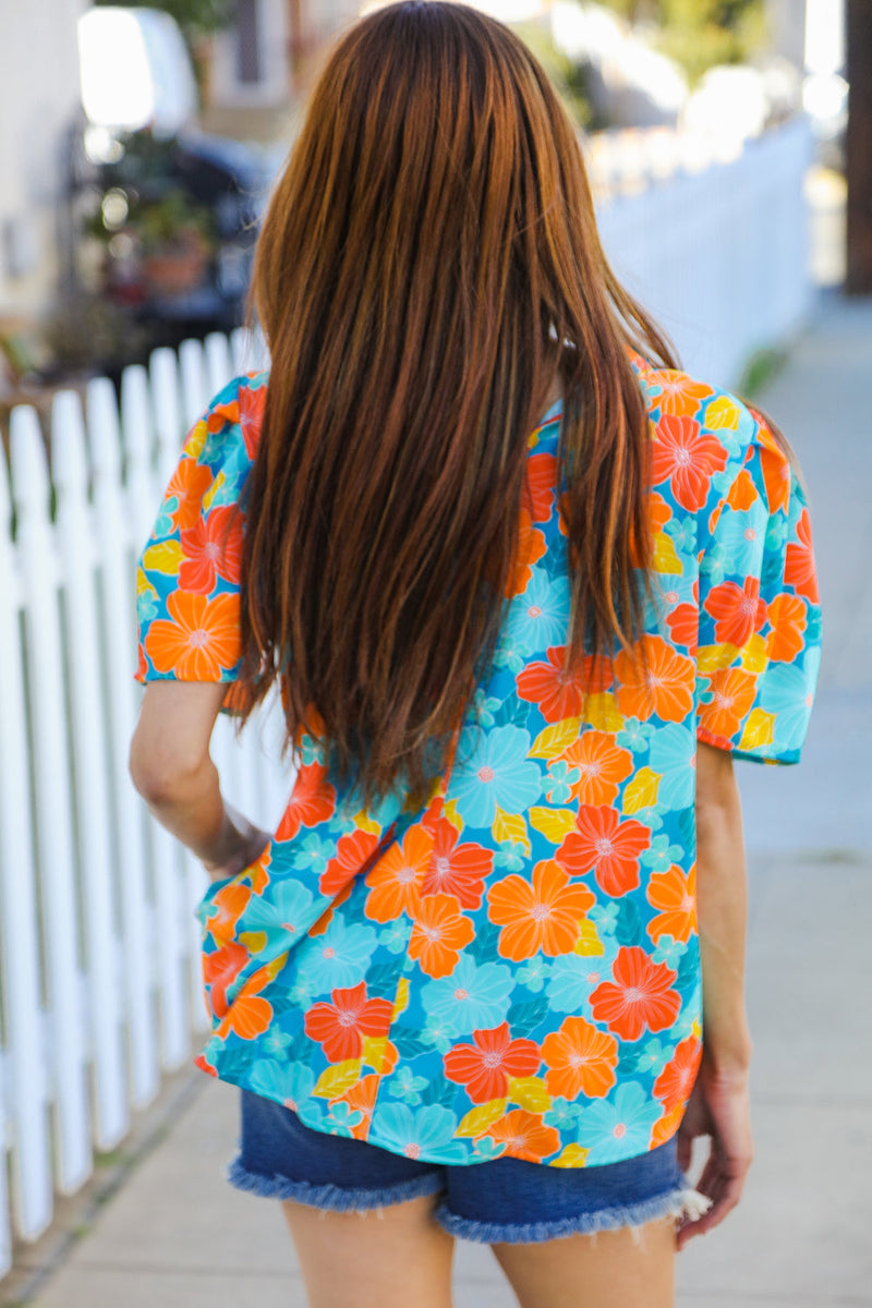 Vacay Ready Blue & Orange Floral Frill Mock Neck Top