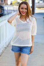 Can't Look Away Oatmeal Crochet V Neck Collared Top