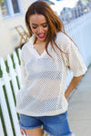 Can't Look Away Oatmeal Crochet V Neck Collared Top