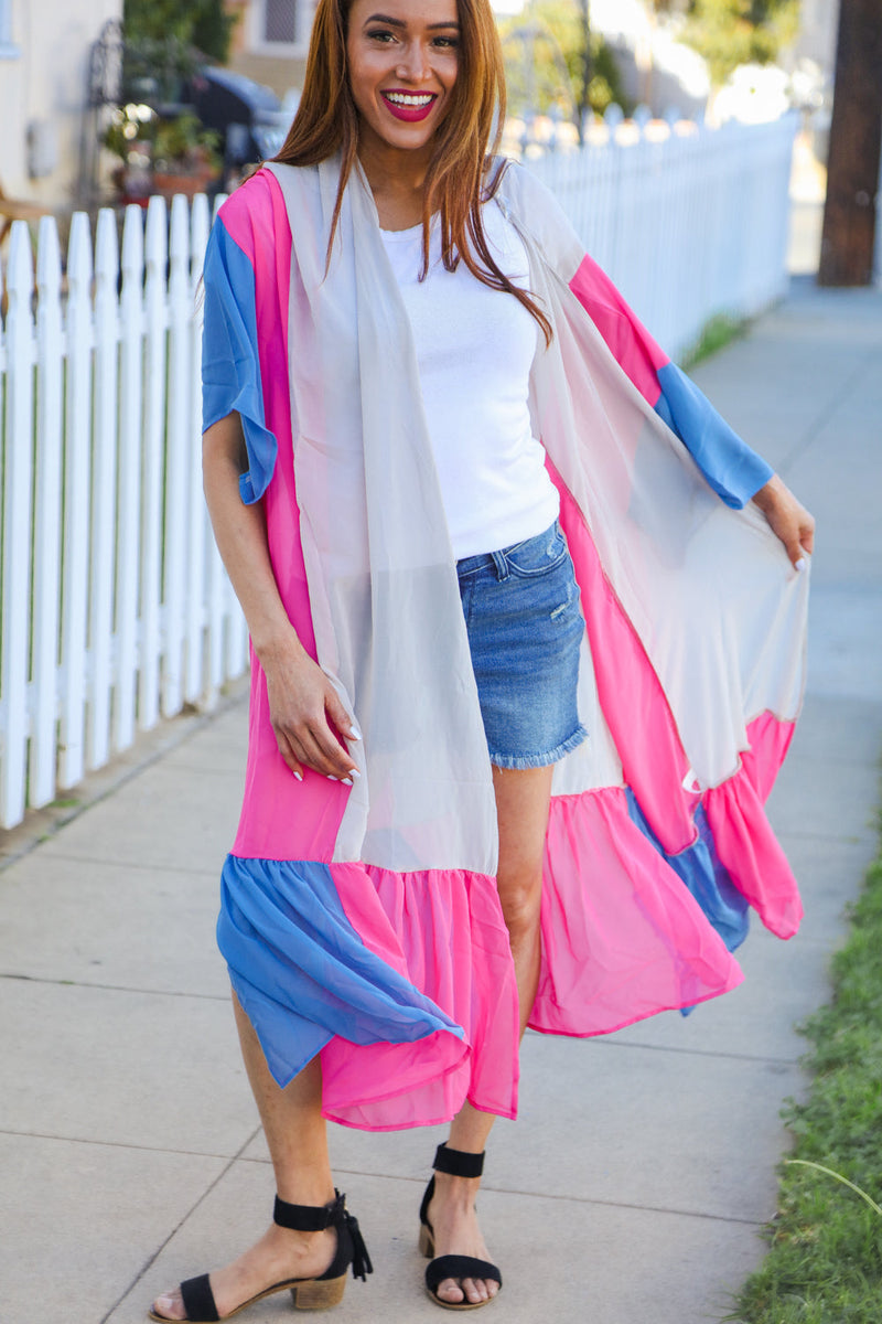 Feel Your Best Taupe & Fuchsia Color Block Ruffle Hem Kimono