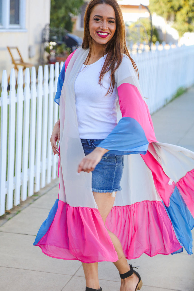 Feel Your Best Taupe & Fuchsia Color Block Ruffle Hem Kimono