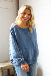 Washed and Worn Denim Ribbed Front Pocket Pullover