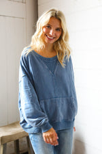 Washed and Worn Denim Ribbed Front Pocket Pullover