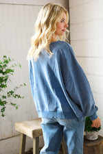 Washed and Worn Denim Ribbed Front Pocket Pullover