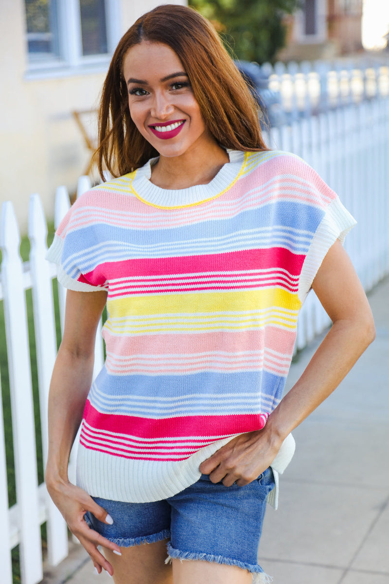 Feeling Playful Blue & Fuchsia Striped Short Dolman Sleeve Knit Top