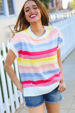 Feeling Playful Blue & Fuchsia Striped Short Dolman Sleeve Knit Top