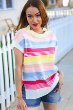 Feeling Playful Blue & Fuchsia Striped Short Dolman Sleeve Knit Top