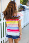 Feeling Playful Blue & Fuchsia Striped Short Dolman Sleeve Knit Top