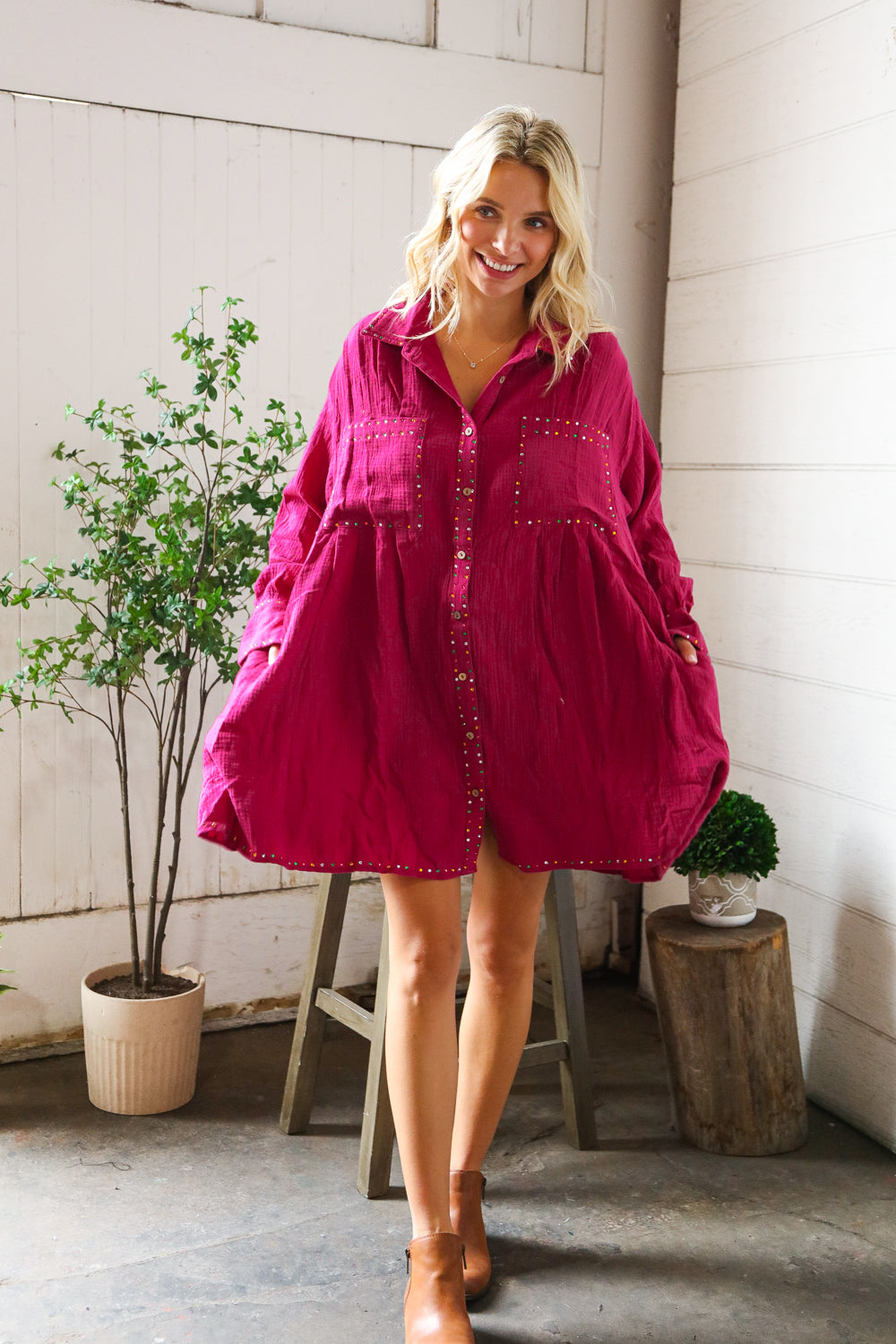 That Cowgirl Flare Cotton Rhinestone Shirt Dress