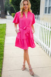 Star Struck Fuchsia Notched Neck Balloon Sleeve Sash Belt Mini Dress