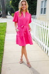 Star Struck Fuchsia Notched Neck Balloon Sleeve Sash Belt Mini Dress