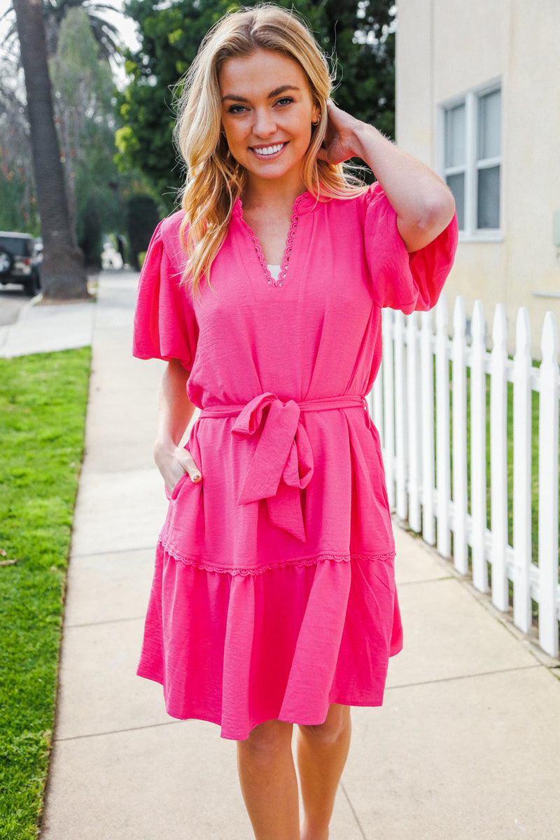 Star Struck Fuchsia Notched Neck Balloon Sleeve Sash Belt Mini Dress