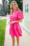 Star Struck Fuchsia Notched Neck Balloon Sleeve Sash Belt Mini Dress